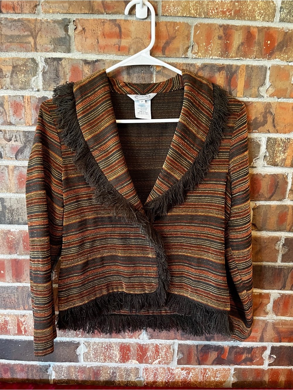 Stonebridge Women’s Petite Brown Striped Fringe Jacket Size:PM